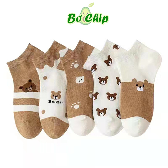 Set 5 đôi tất trắng nữ, Combo 5 đôi tất gấu nâu chất cotton thấm hút tốt