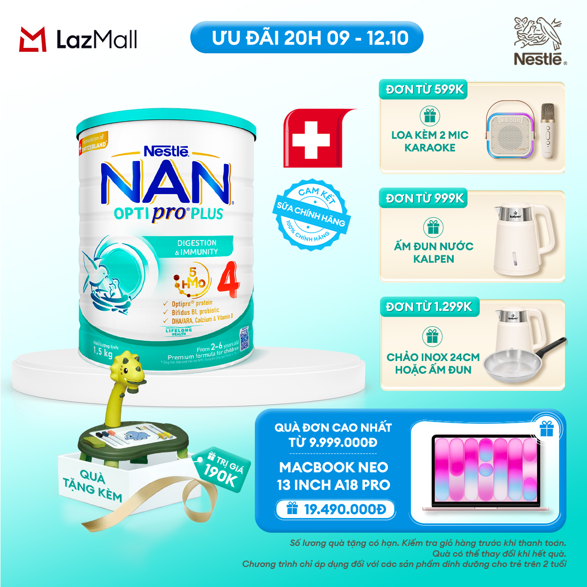 [CHỈ 20h 9-12.10 QT ĐƠN 599K/999K/1299K] [Tặng Đồ chơi kèm đèn chiếu hoạt hình] Sữa bột Nestlé NAN OPTIPRO PLUS 4 1500g/lon với 5HMO Giúp tiêu hóa tốt