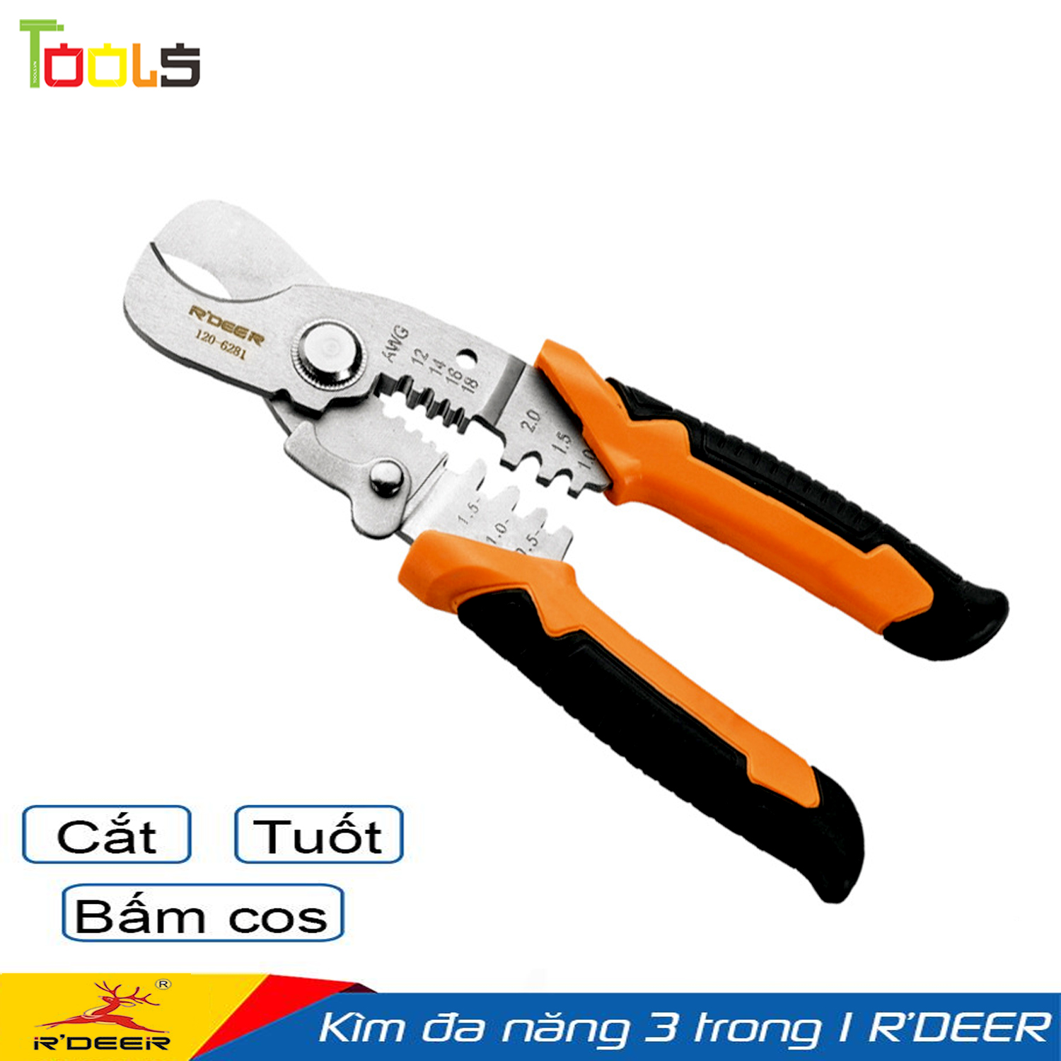 Kìm cắt dây đa năng cao cấp 3 trong 1 R'DEER 120-6281 7inch/175mm (Cắt dây-Tuốt dây-Bấm cos)