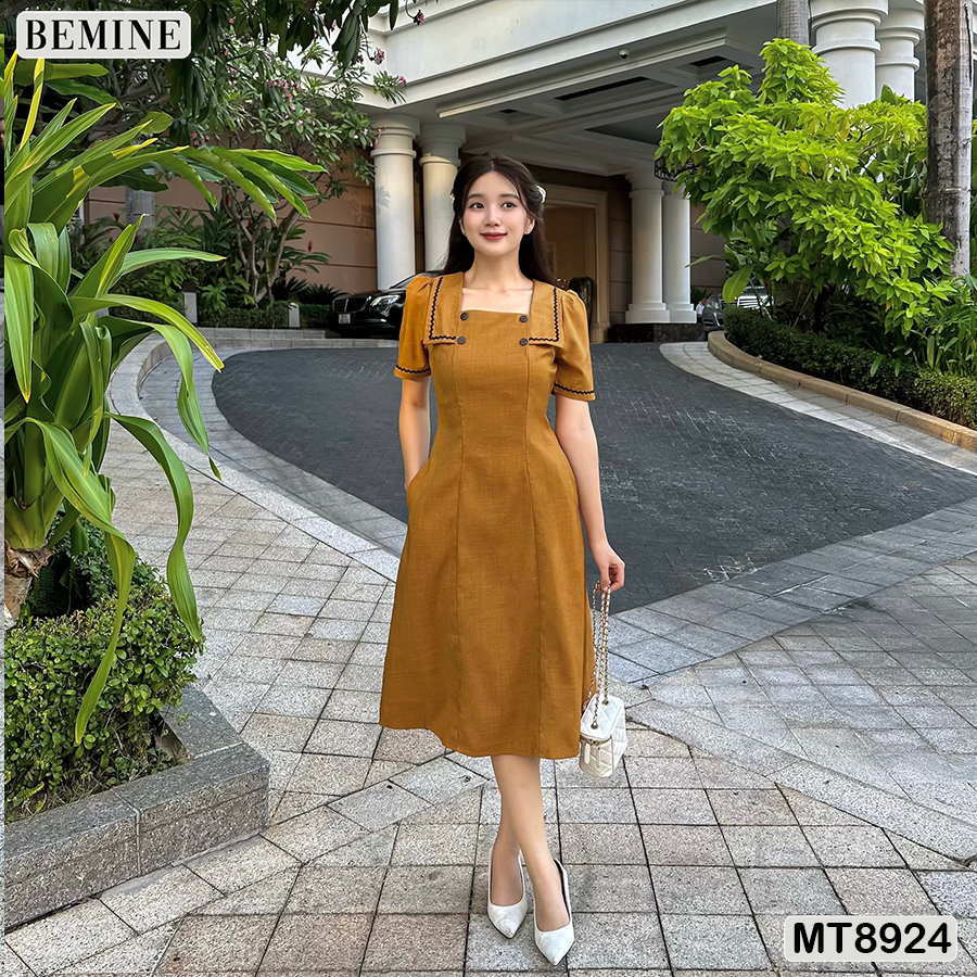 Đầm thiết kế cổ vuông phối viền tay phồng bemine mt8924