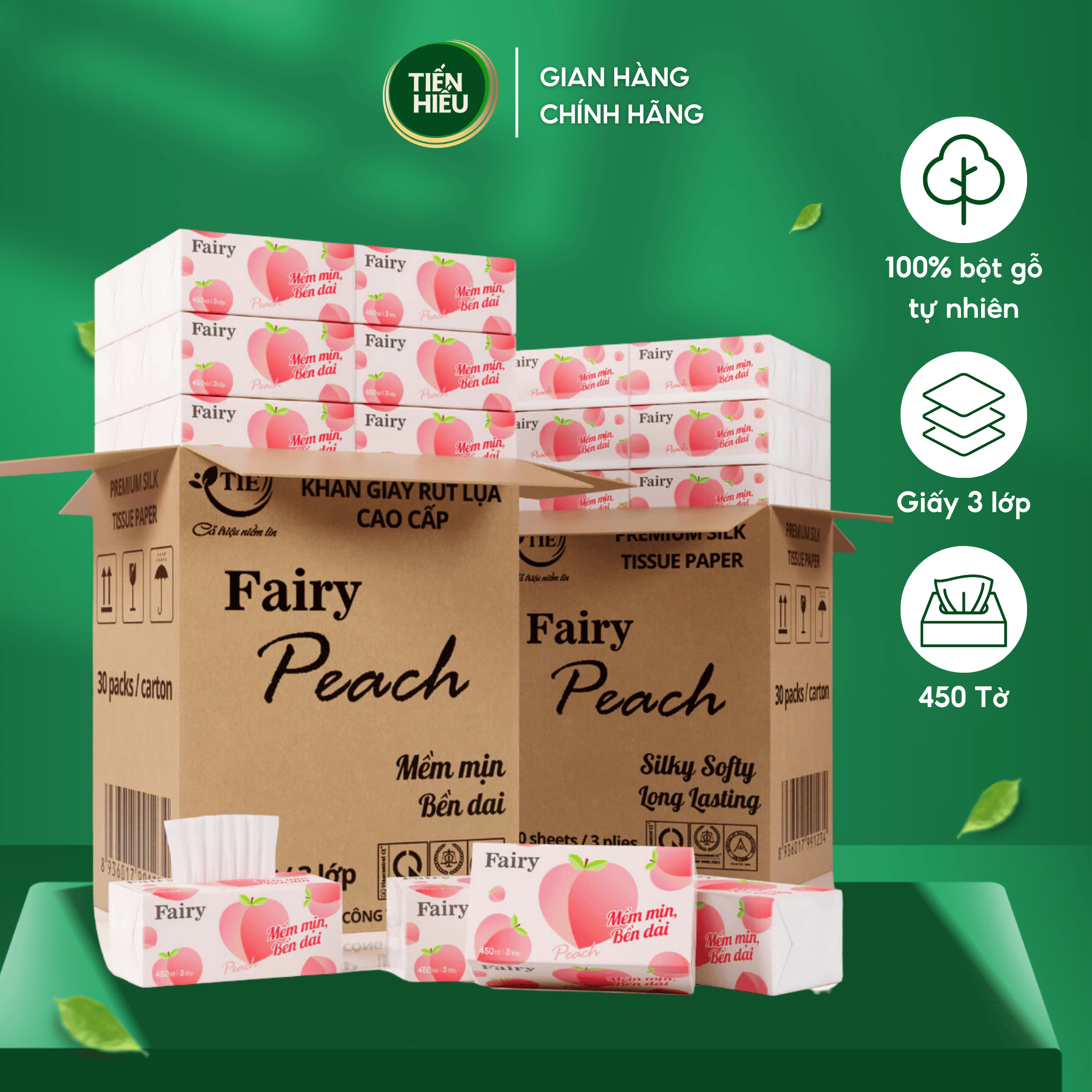 Thùng 30 Gói Giấy Ăn Rút Fairy Đào 450 Tờ / 3 Lớp Tiện Dụng, Khăn Giấy khổ to cao cấp Siêu dai Mềm mịn An Toàn Cho Bé