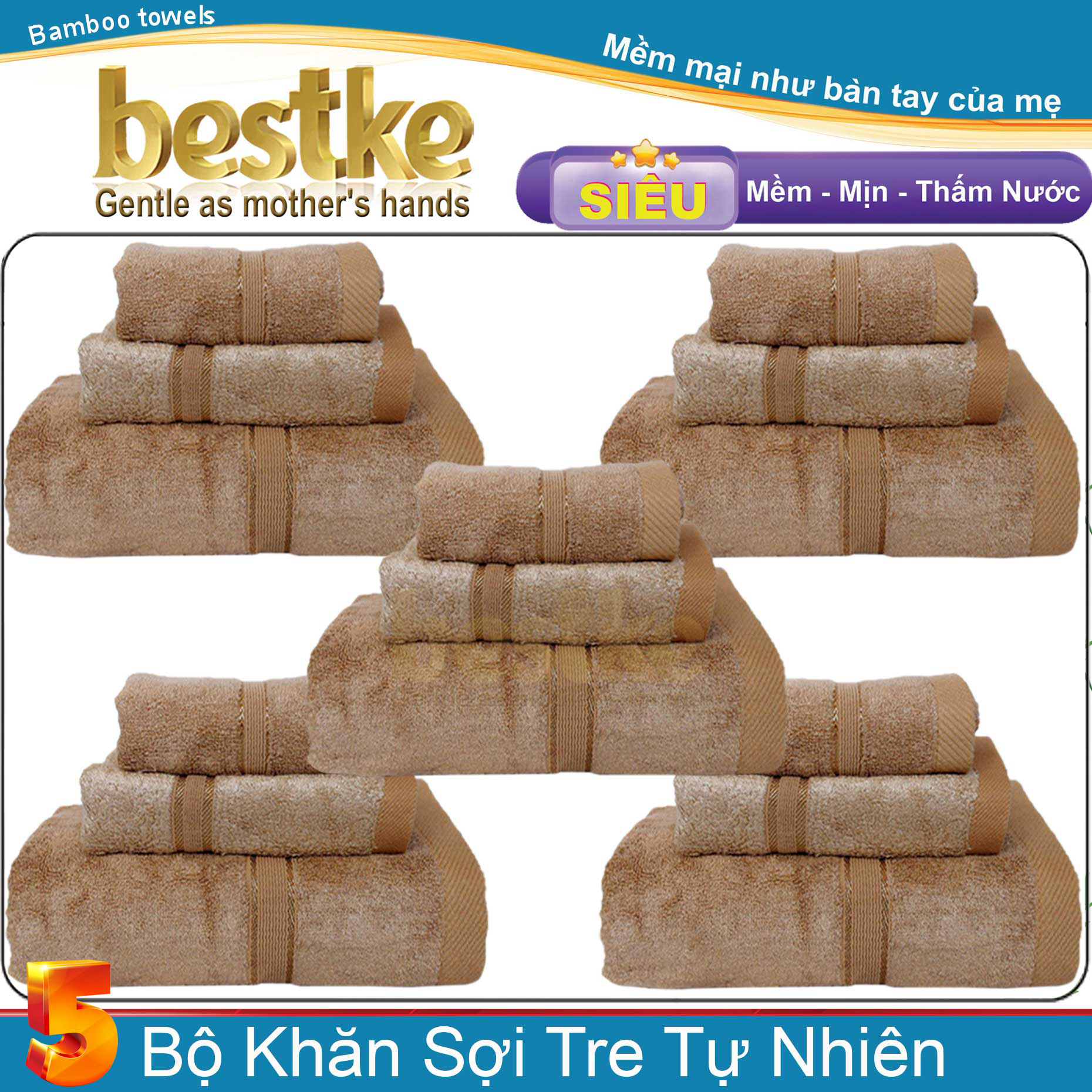 khăn sợi tre , Combo 5 Bộ = 15 khăn sợi tre bestke màu nâu , khăn đẹp như mô tả