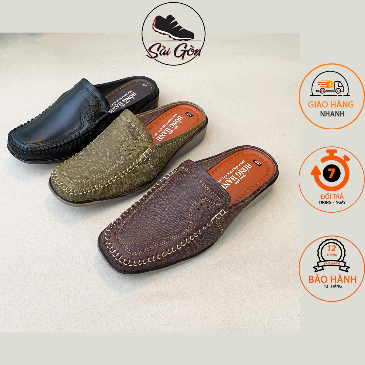 Giày sục mọi da nâu hở gót, da bò 100%, bảo hành keo trọn đời