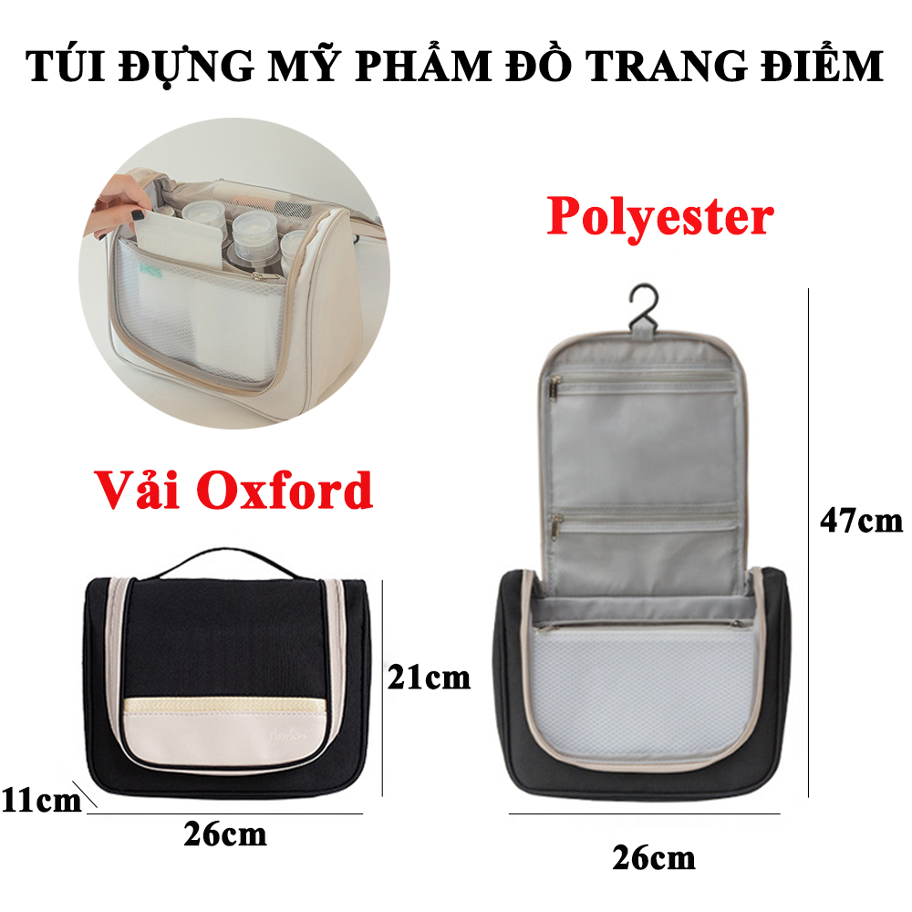 Túi đựng mỹ phẩm đồ trang điểm du lịch, chất liệu chống thấm nước có móc treo tiện lợi