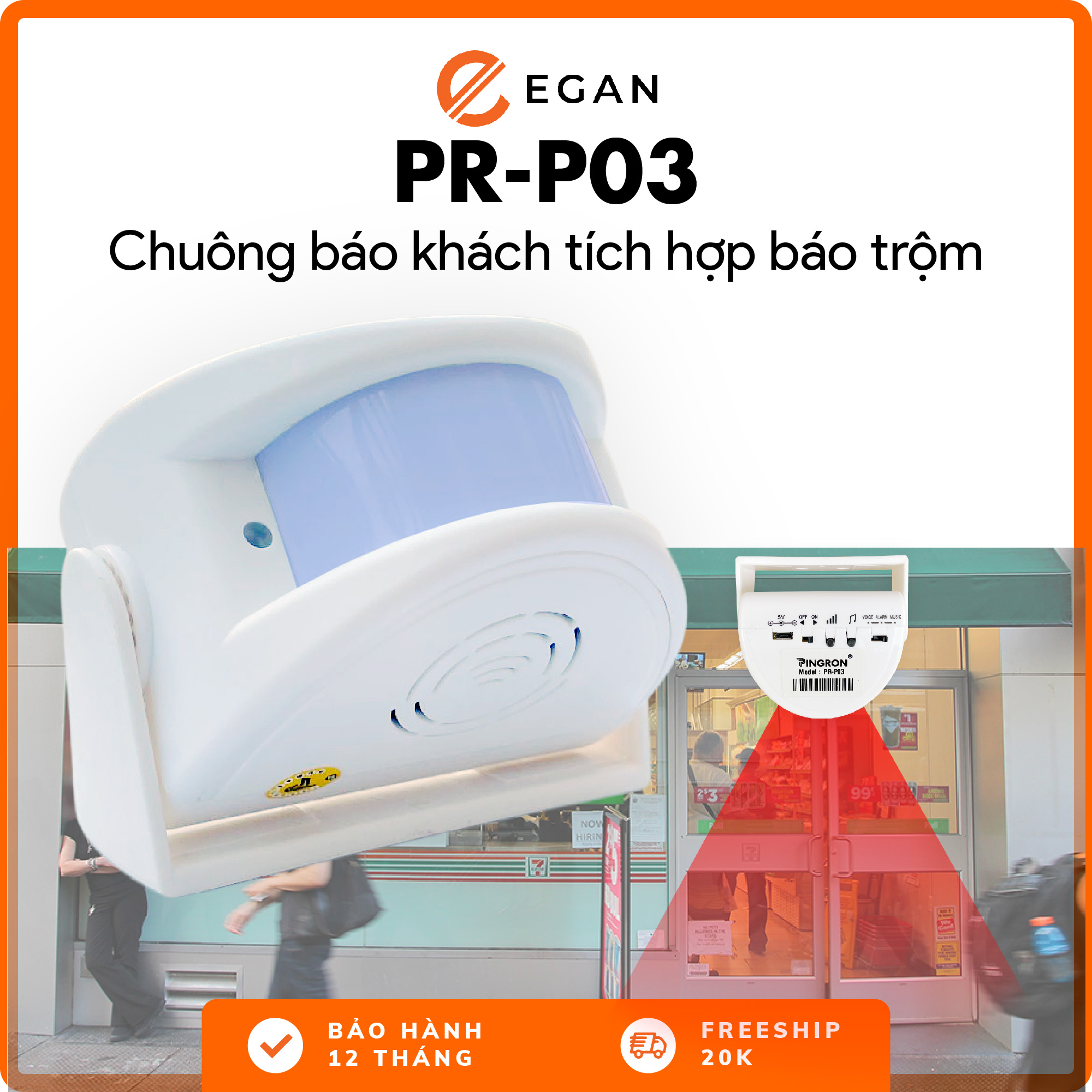 Chuông báo khách thông minh tích hợp chuông báo chống trộm PINGRON PR-P03 - 26 kiểu chuông và khoảng cách quét lên đến 5M