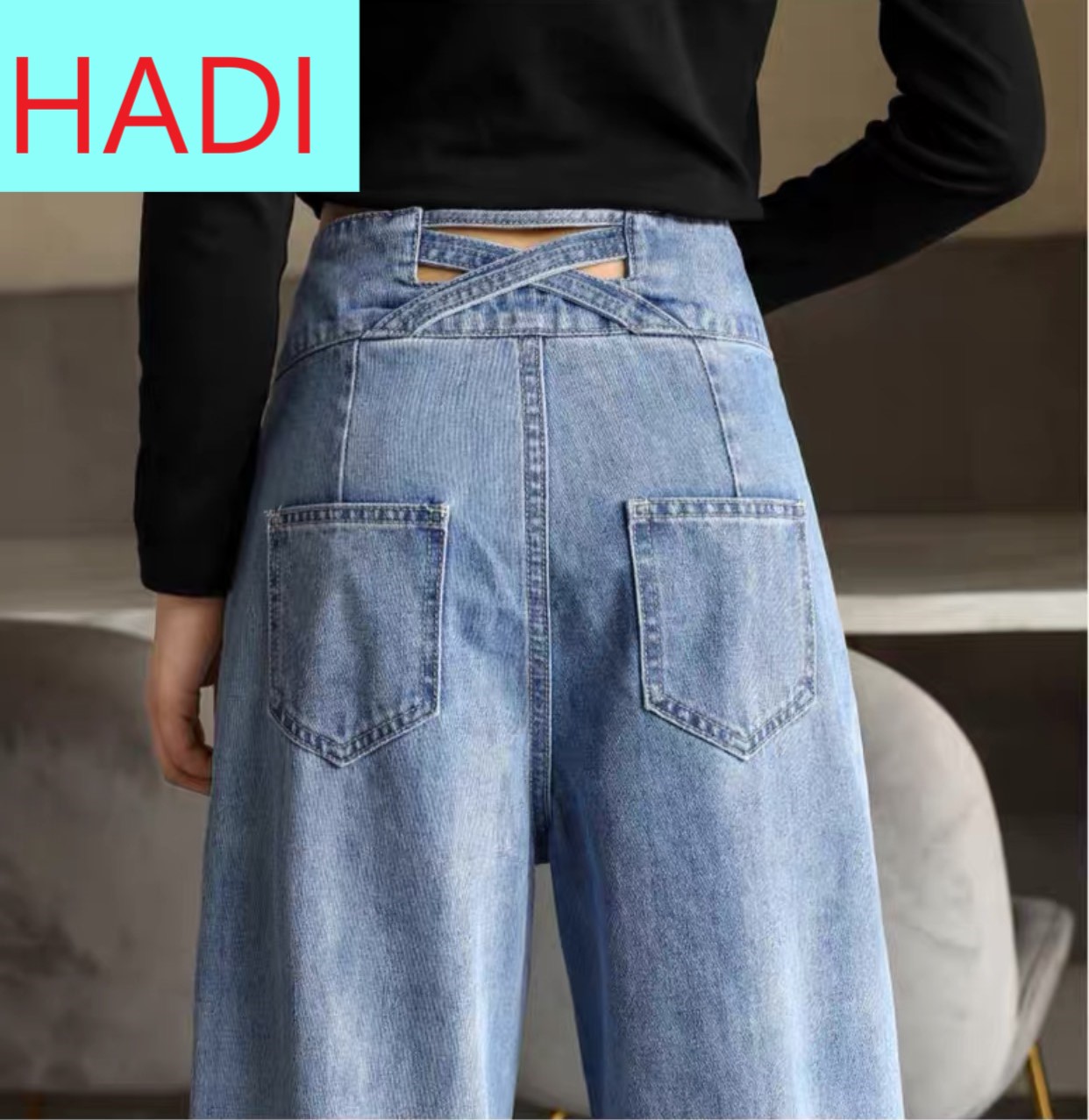 QUẦN JEAN ỐNG RỘNG NỮ MÀU XANH NHẠT LƯNG  2 NÚT TUA VẠT CHÉO LƯNG HOT SÒN SỌT CHÁY RỰC LỬA