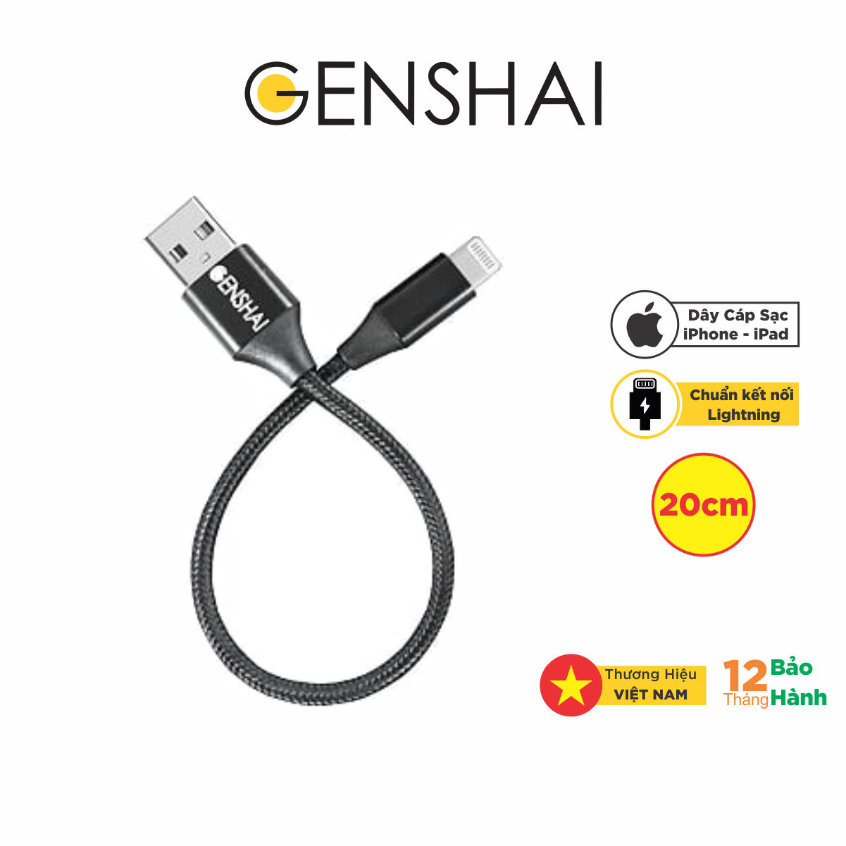 [HCM]Dây Cáp Sạc Lightning iPhone iPad Bọc Nylon Dài 20cm Genshai GL12 - Đen - Hàng Chính Hãng