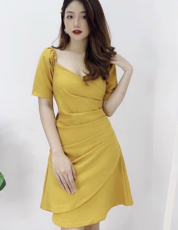 Đầm cổ v, xếp li eo ms56