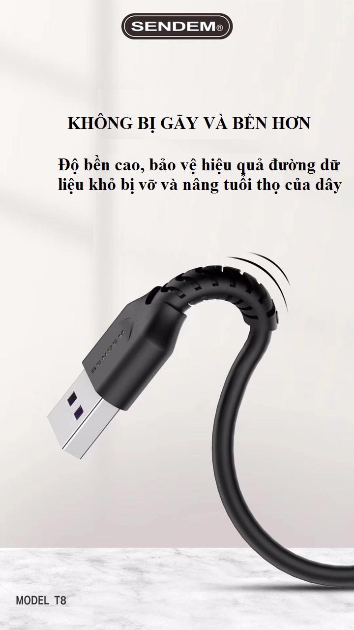 Cáp sạc điện thoại bọc thép chống đứt SD Design T8, cáp sạc nhanh 6A dây chống đứt, sạt nhanh 6A, bảo hành 1 năm cho các dòng điện thoại