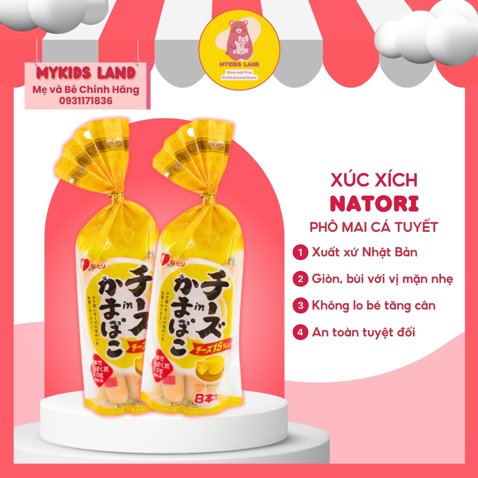 Xúc xích phô mai cá tuyết natori nhật bản cho bé gói 8 cây