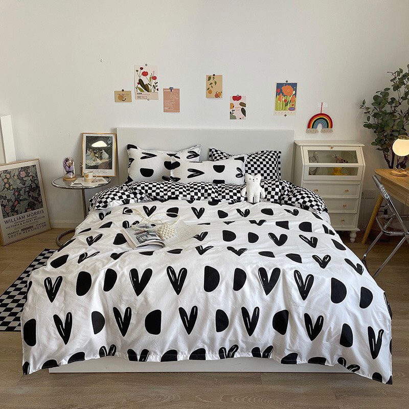 Bộ vỏ chăn ga gối 4 món Cotton Poly Lidaco tim khuyết trắng đen