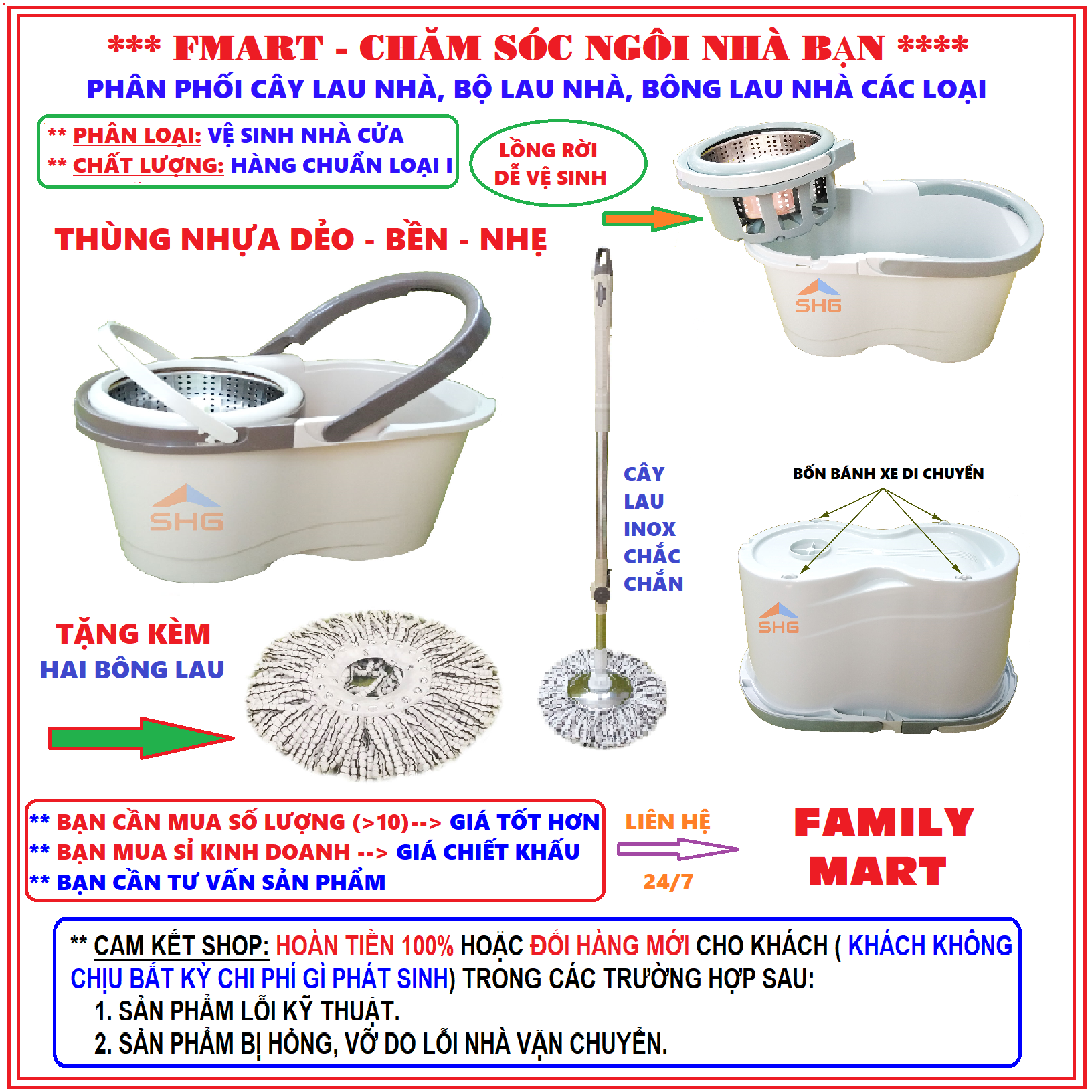 BỘ LAU NHÀ 360 ĐỘ LỒNG LAU INOX THÁO RỜI DỄ VỆ SINH, CÂY LAU NHÀ INOX CHẮC CHẮN