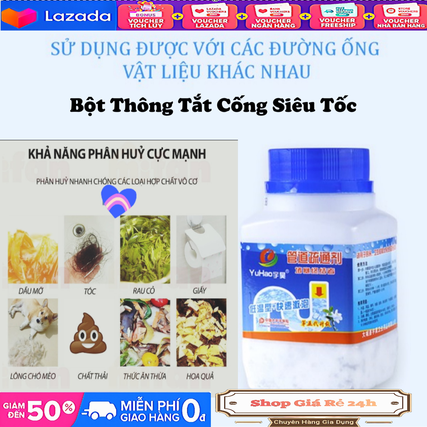Bột thông tắc cống, bồn cầu, bồn rửa mặt thần thánh Xử Lý Nhanh, Triệt Để Cặn Rác Thải