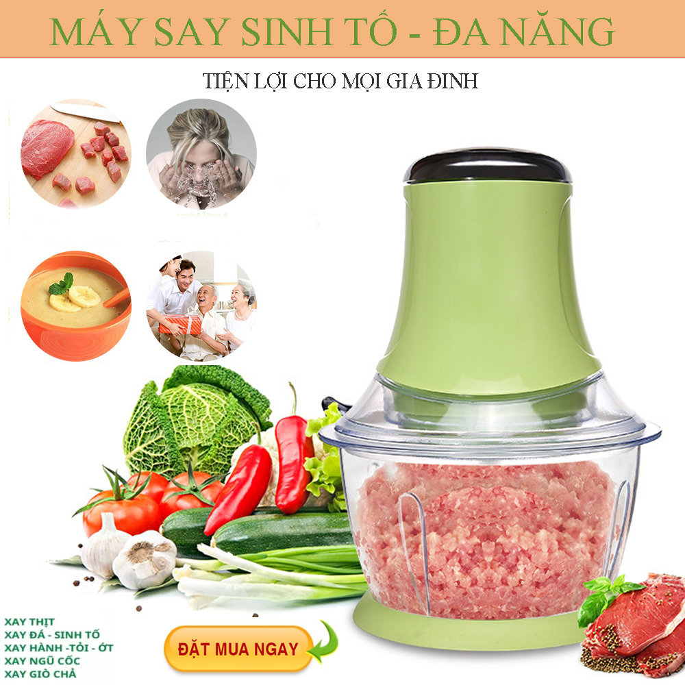 Máy xay thịt cầm tay đa năng gia đình cối inox 4 lưỡi đa năng, công suất 300W xay thịt, tỏi ớt, rau củ quả, máy xay đa năng
