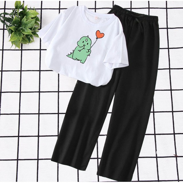 [HAN HAN SHOP 323] Sét Bộ Quần Áo Nữ Mặc Đi Chơi, Ở Nhà Áo Thun Phông Cotton Organic Ngắn Tay In Khủng Long Cầm Bóng Kèm Quần Rộng Sạn