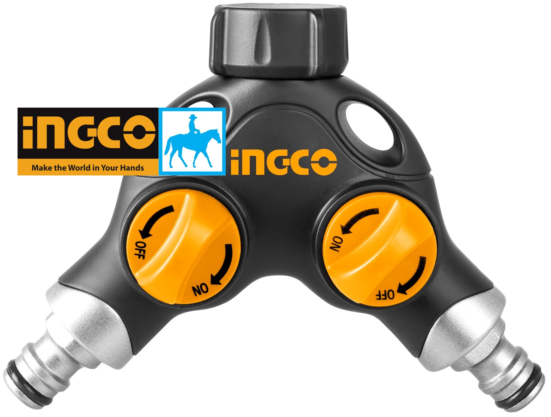 Đầu nối ống nước chia 2 ngã có van đóng mở đầu vào 27mm đầu ra 16mm lõi kim loại ingco hhc1201