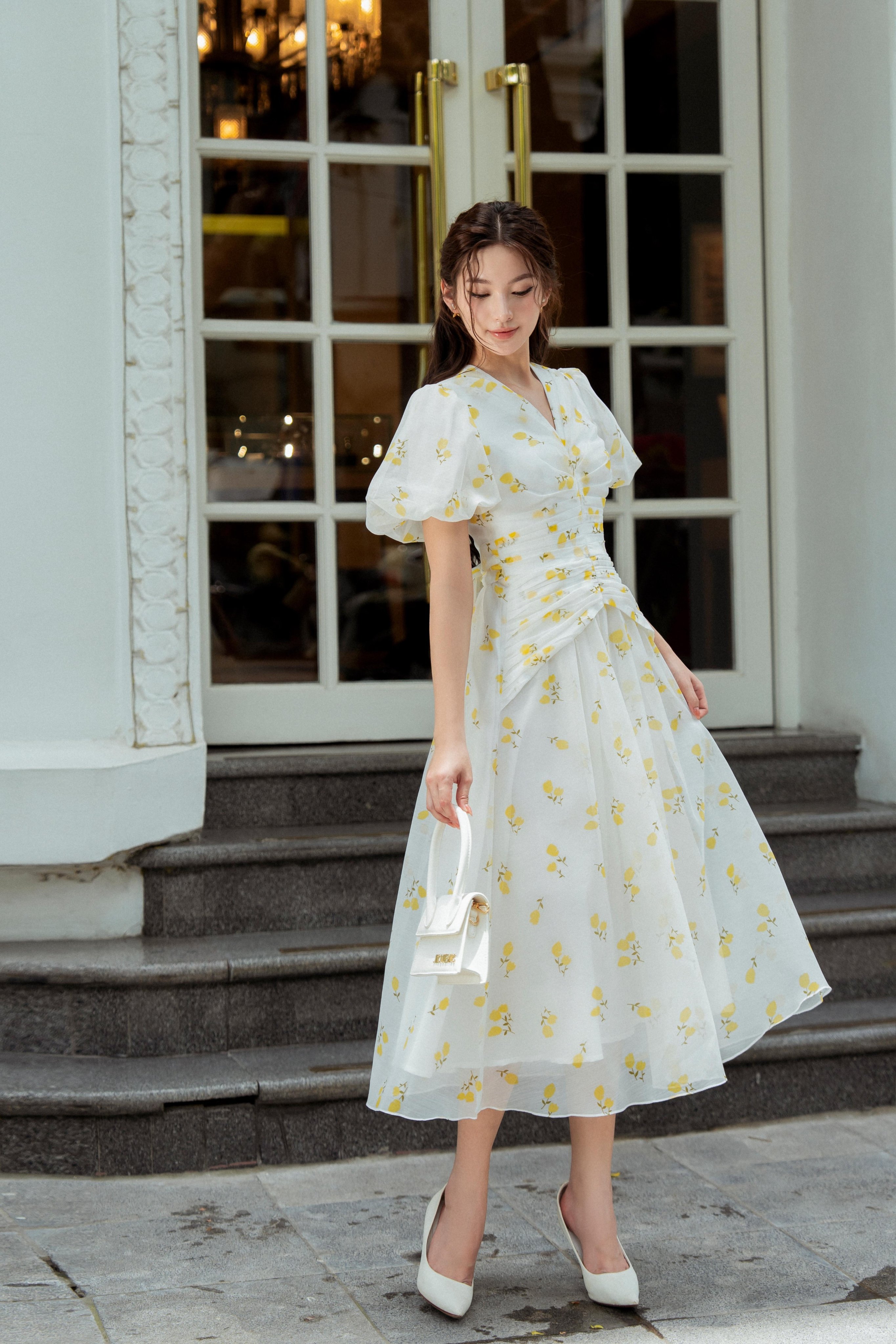 Sò vintage - viola đầm tay phồng xếp li