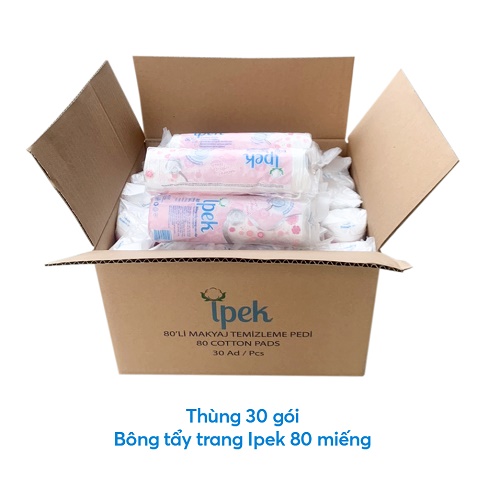 Thùng 30 gói bông tẩy trang Ipek siêu mềm mịn 80 miếng