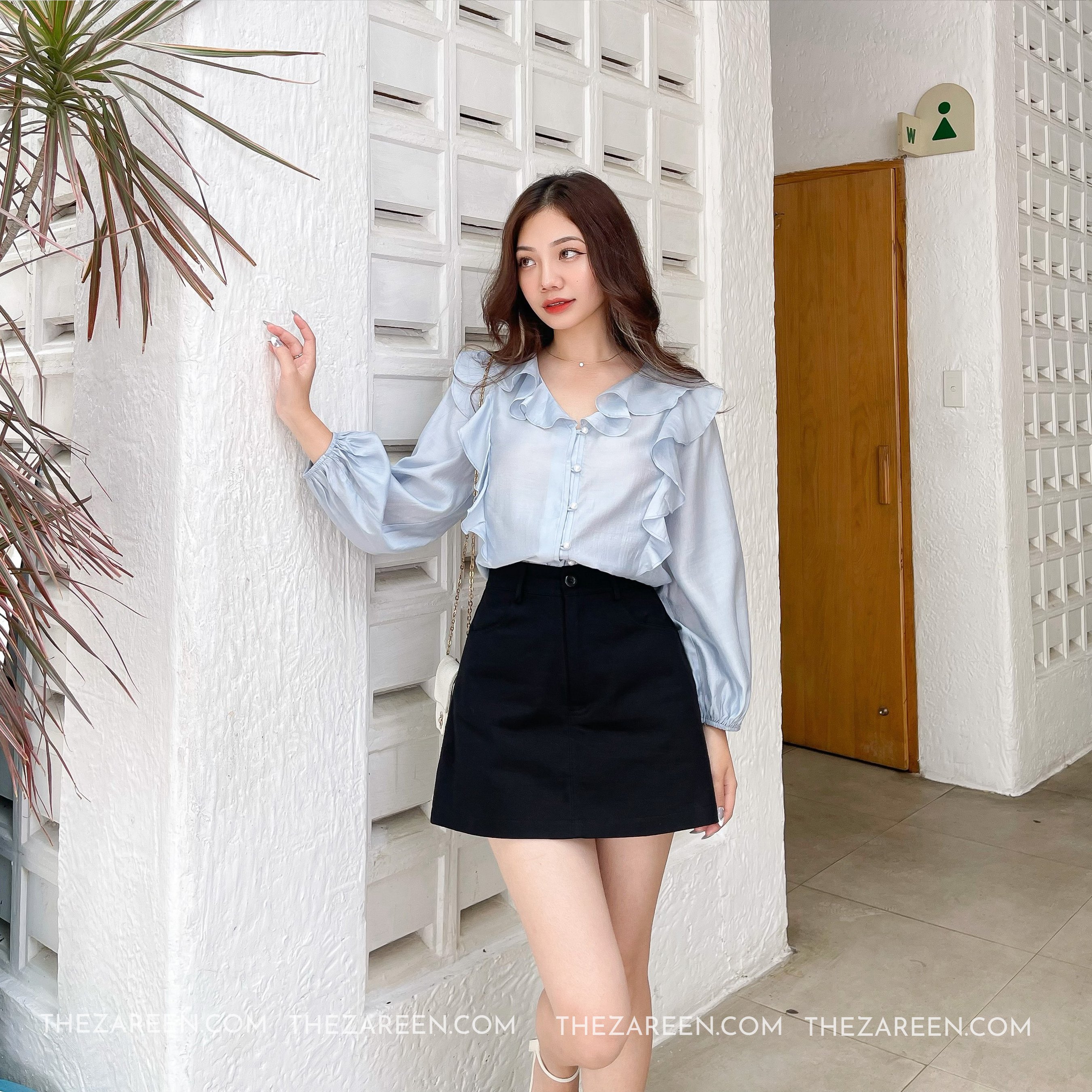 Zareen | áo sơ mi cỗ bèo som60 xanh dương
