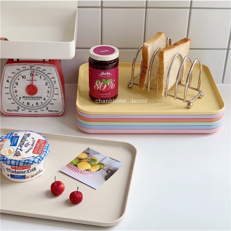 Khay nhựa đựng thức ăn lúa mạch màu Pastel hình chữ nhật, tấm lót bàn ăn đựng dĩa, cốc uống nước |Chanhhome.decor|