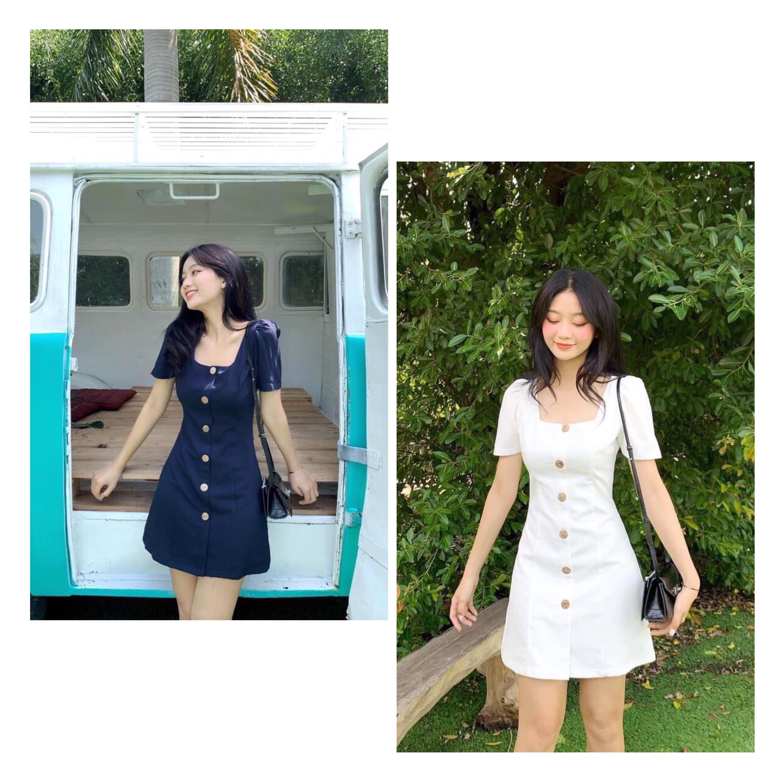 Đầm cổ vuông tay ngắn thiết kế  váy dự tiệc chữ A phối nút chất liệu mềm mịn cao cấp