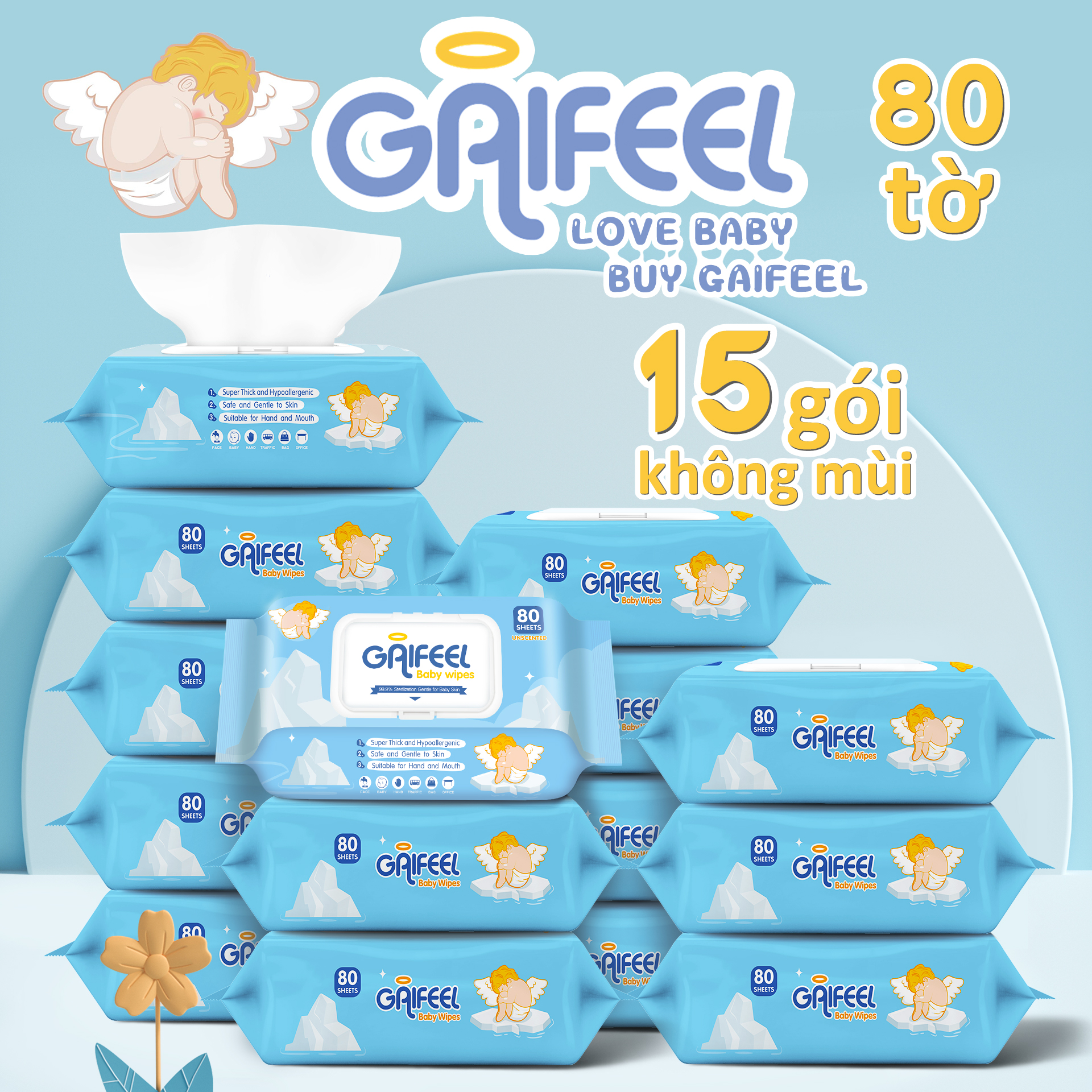 Gaifeel set 15 túi 1200 khăn giấy ướt khăn ướt dành cho trẻ em