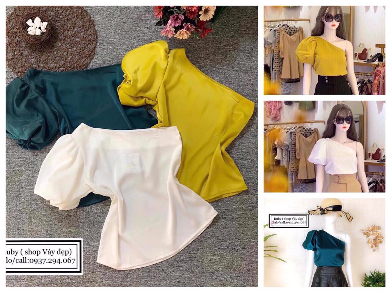 [HCM]HÌNH THẬT 100% ÁO LỤA LỆCH VAI TAY PHỒNG NHIỀU SIZE HÀNG THIẾT KẾ