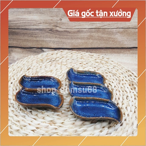 Đĩa sứ gia vị hình lá 2 ngăn 3 ngăn - Đĩa sứ Men hỏa biến - Gốm sứ Bát tràng