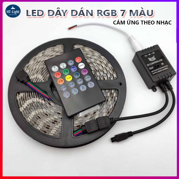 Cuộn dây Led dán đổi 7 màu RGB (KÈM REMOTE) 5 mét 300 Bóng Chống nước- Phủ Silicon- Nháy theo nhạc