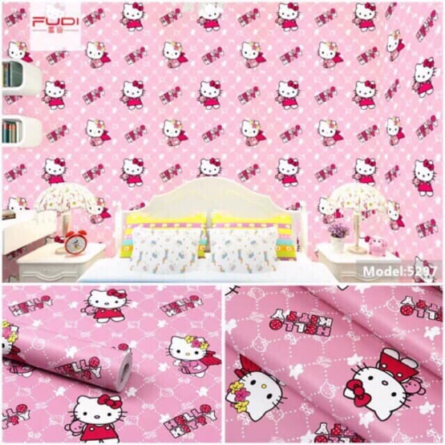 Giấy dán tường mèo helokitty hồng 10 mét khổ rộng 45cm có keo dán sẵn