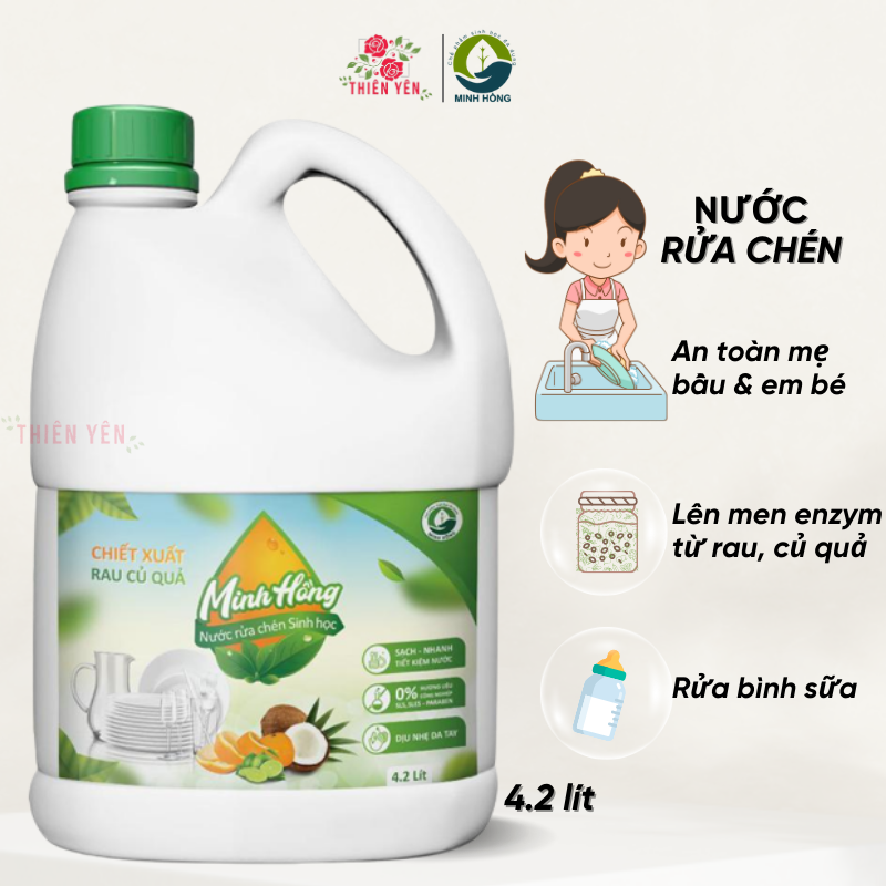 Nước rửa chén sinh học Minh Hồng 4.2L SX 01/2024 tinh dầu sả chanh chưng cất tự nhiên, không khô da tay
