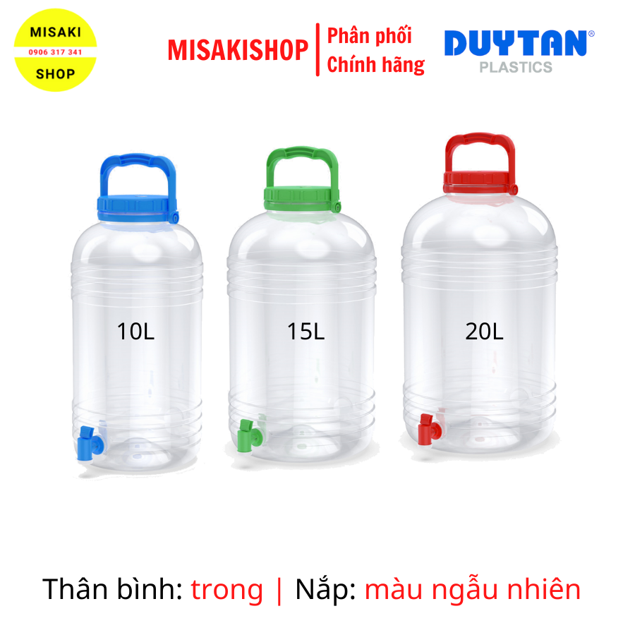 Bình pet có vòi trong suốt nhựa duy tân 10l, 15l, 20lít, an toàn, bền bỉ, màu ngẫu nhiên | misakishop2020
