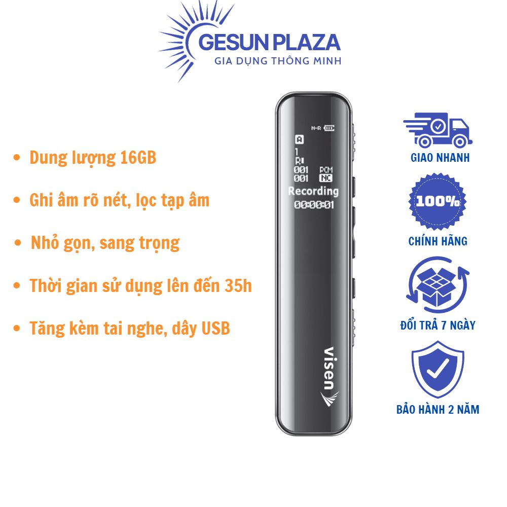 Máy ghi âm mini VISEN ICVX668 8GB 16GB nhỏ gọn lọc âm tốt khung thép mặt kính thời trang Bảo hành 12 tháng