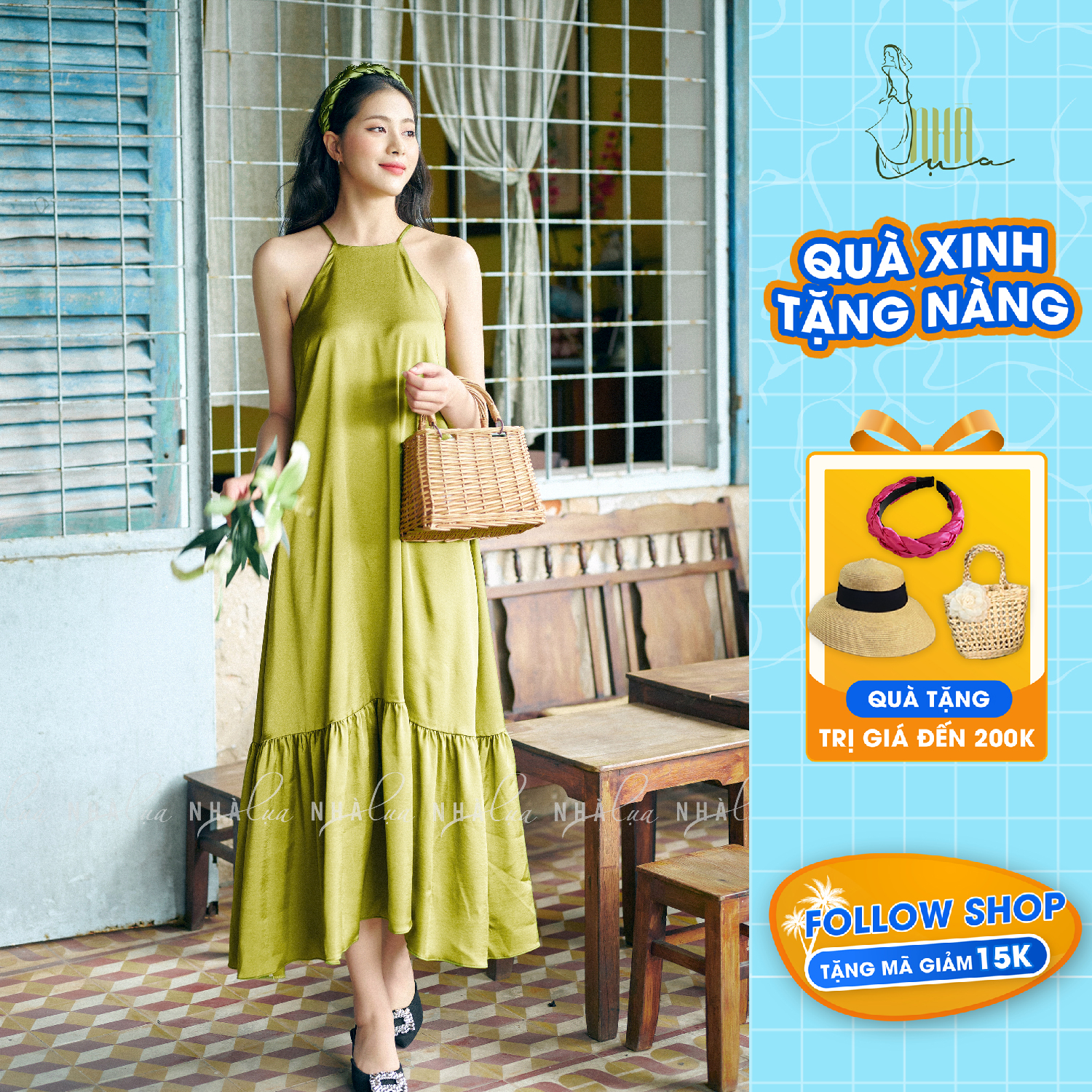 Váy yếm lụa dài Thục Khuê mùa hè - Váy lụa cổ yếm đầm dáng xòe maxi đuôi cá cho nàng trẻ trung du lịch, đi biển V02