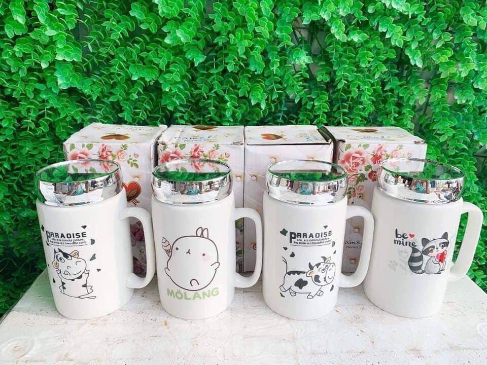 Bộ đôi Cốc giữ nhiệt bằng sứ có nắp đậy hình ngẫu nhiên