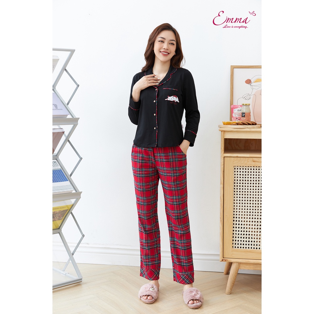 Bộ đồ mặc nhà pyjama áo cotton, quần kate dài tay emma etck.21.022.14
