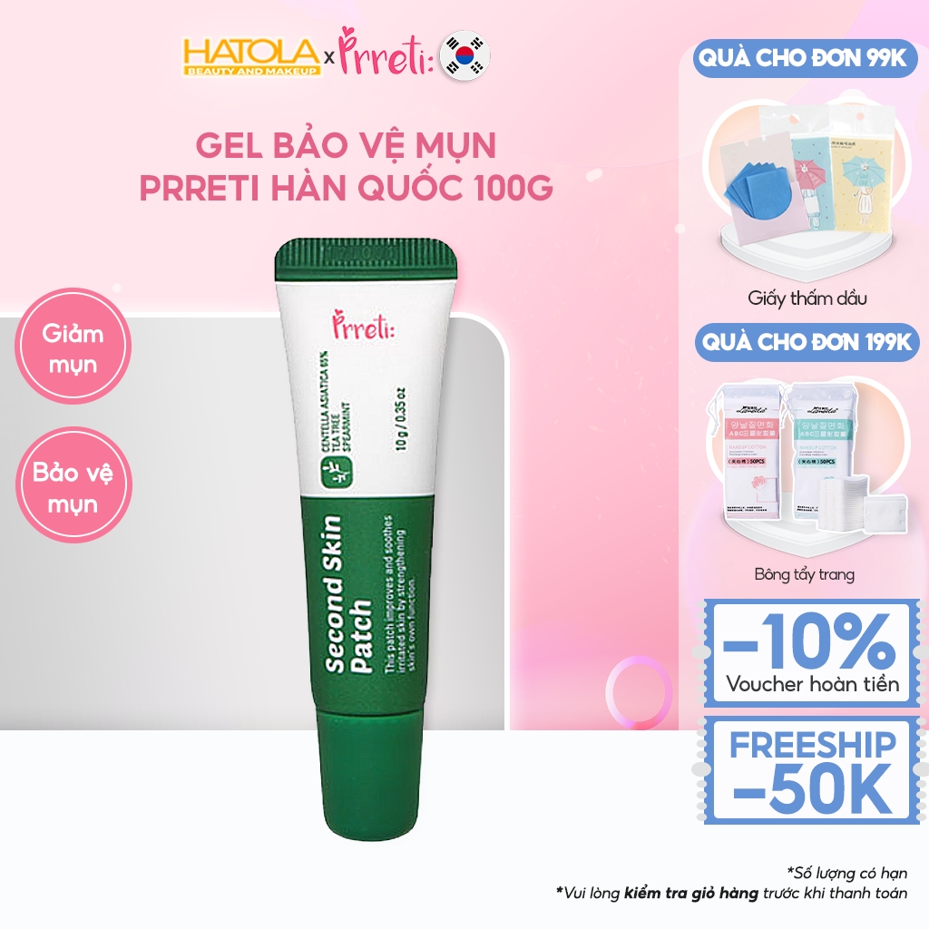 Gel dán mụn chiết xuất rau má và trà xanh PRRETI Second Skin Patch 10g giảm tình trạng mụn trên da chính hãng 100% - HATOLA