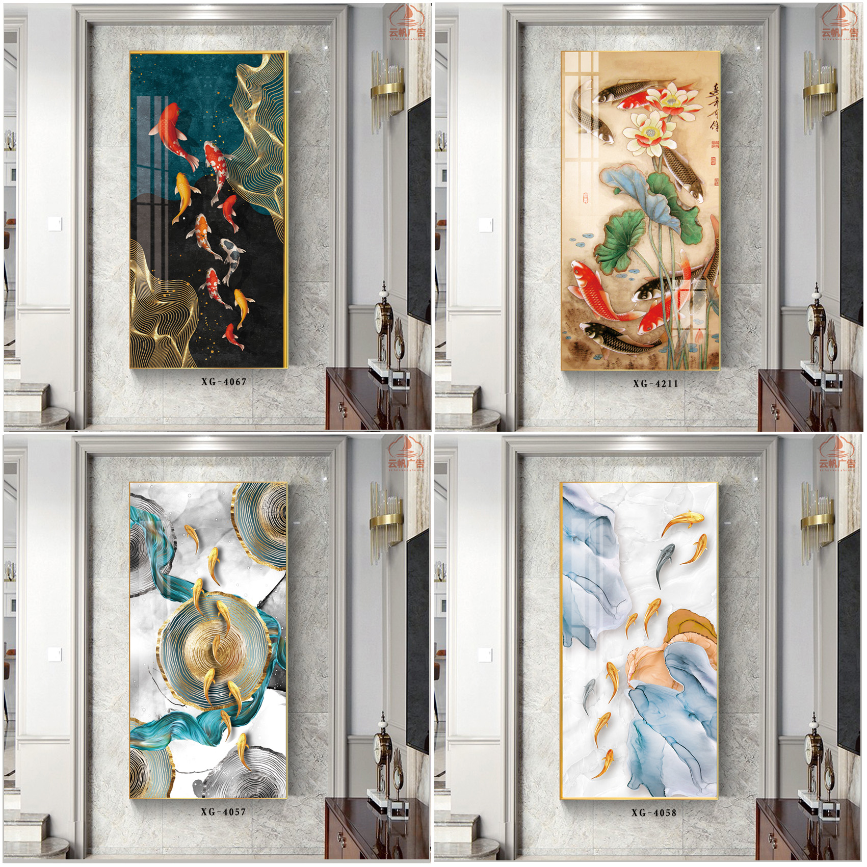 Tranh canvas nghệ thuật - Tranh đơn cửu ngư quần hội hoa sen