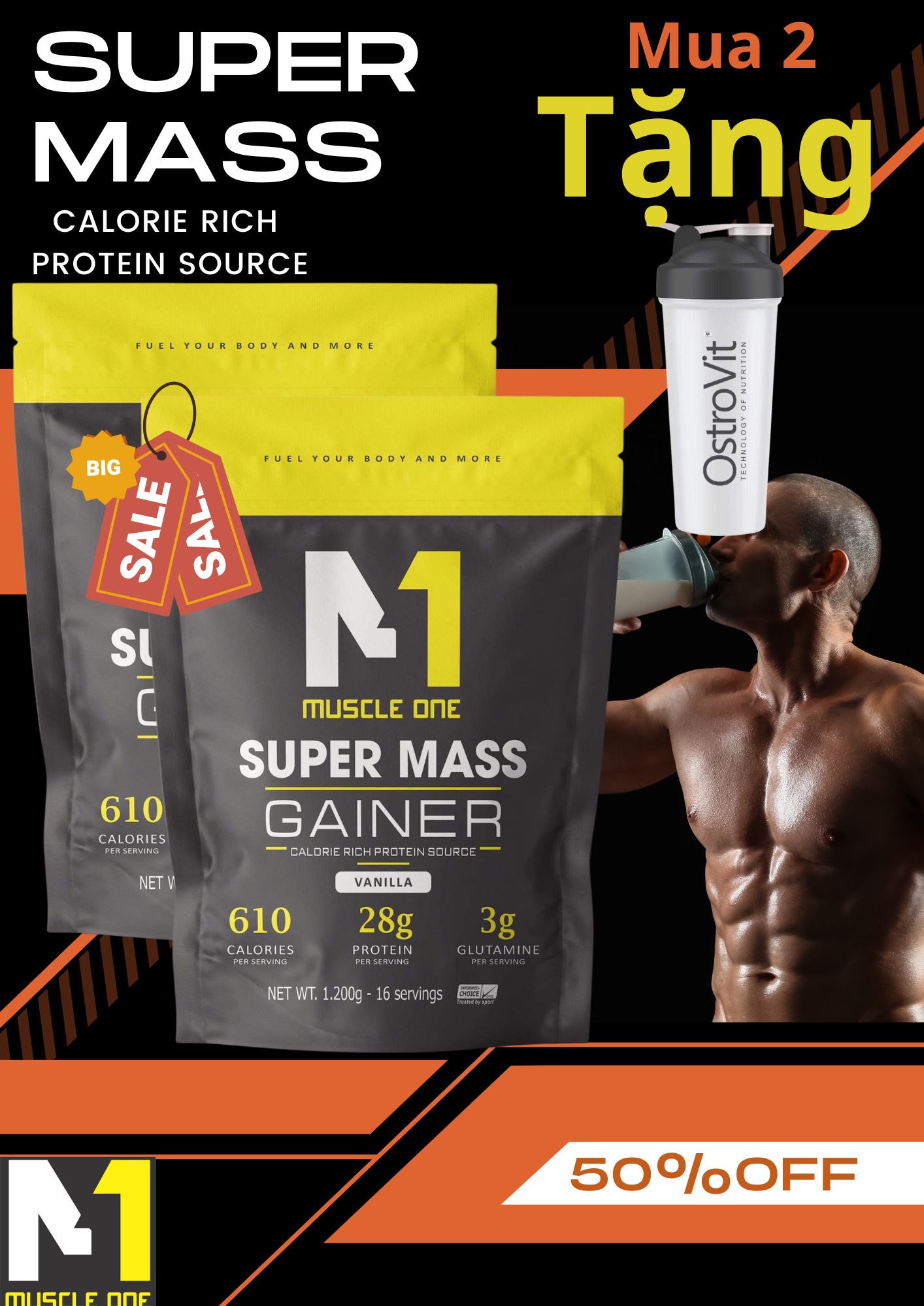Super mass loại 2kg4 giá ưu đãi, hỗ trợ tăng cơ tăng cân, tặng 1 bình lắc thể thao kèm theo.