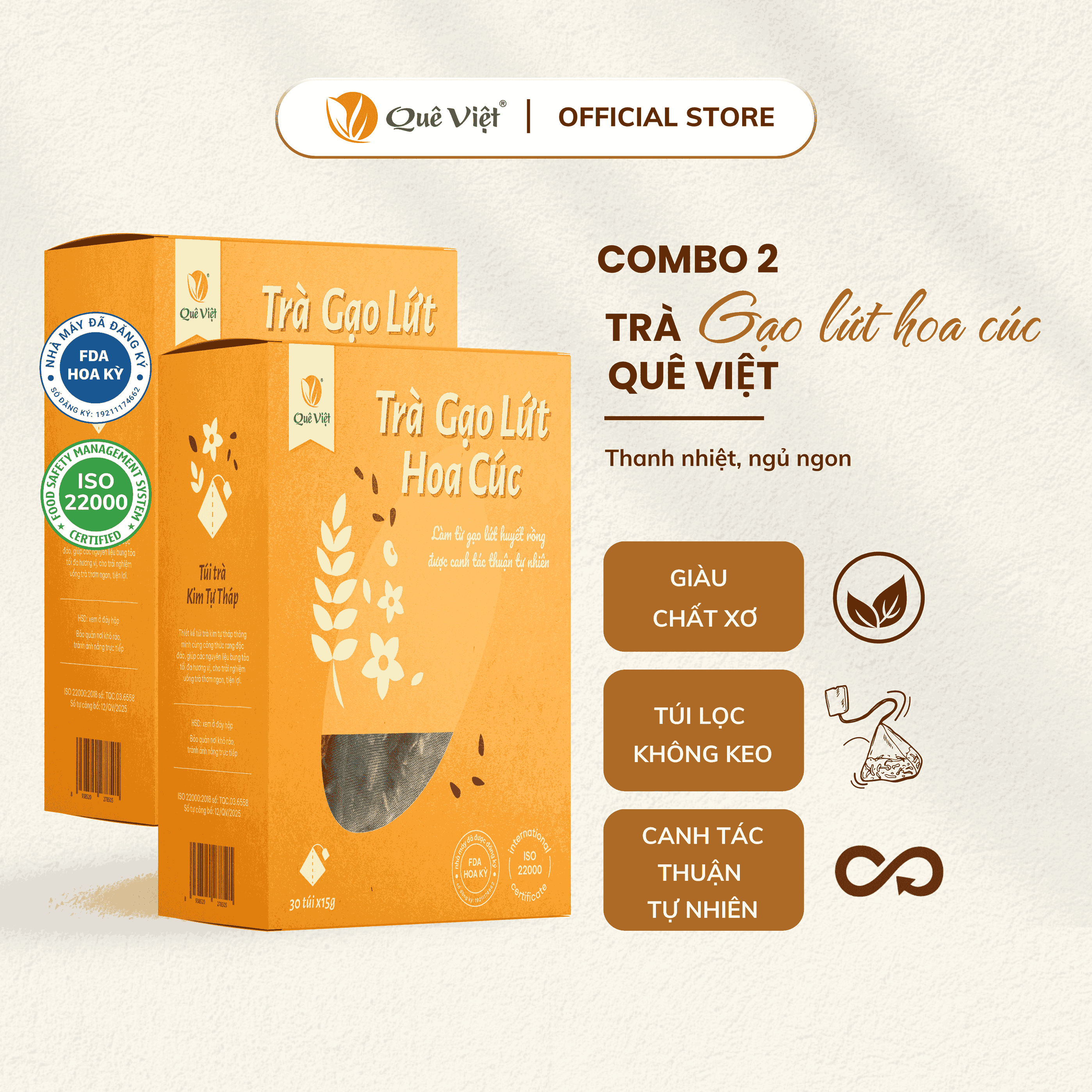 Combo 2 hộp trà gạo lứt hoa cúc Quê Việt + quà tặng - hộp 450g (30 túi 15g), 600g (24 túi x 25g) Nước Trà Tea Chè