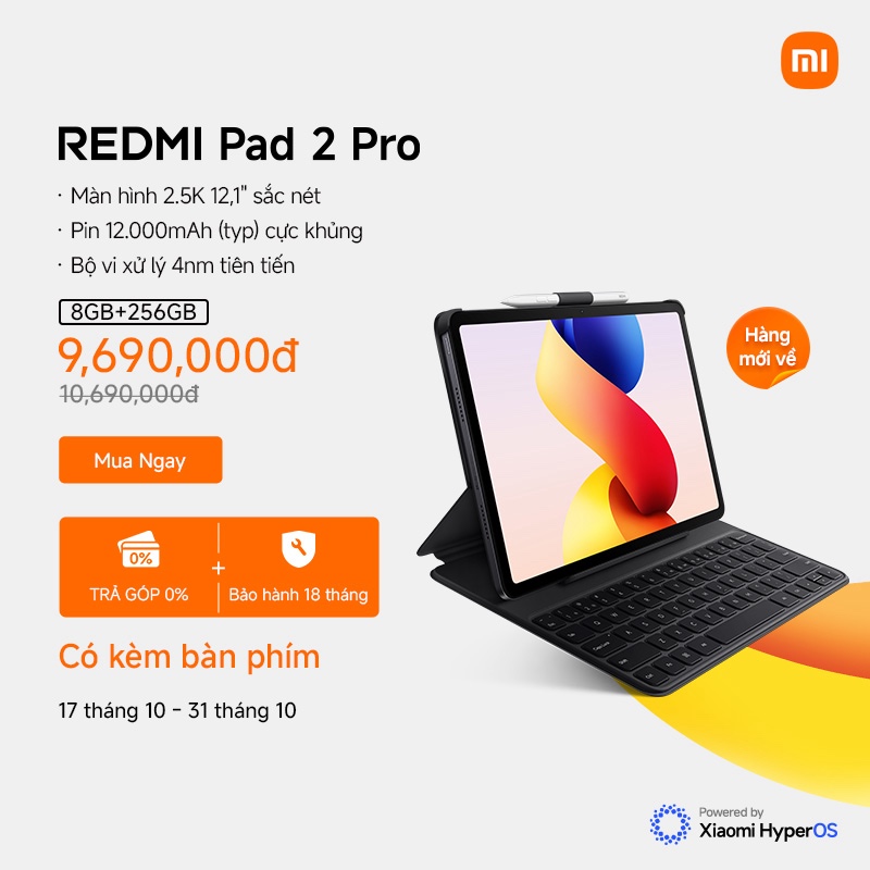[New] REDMI Pad 2 Pro | Màn hình 2.5K 12,1" sắc nét | Hình ảnh mượt mà với tần số quét lên đến 120Hz
