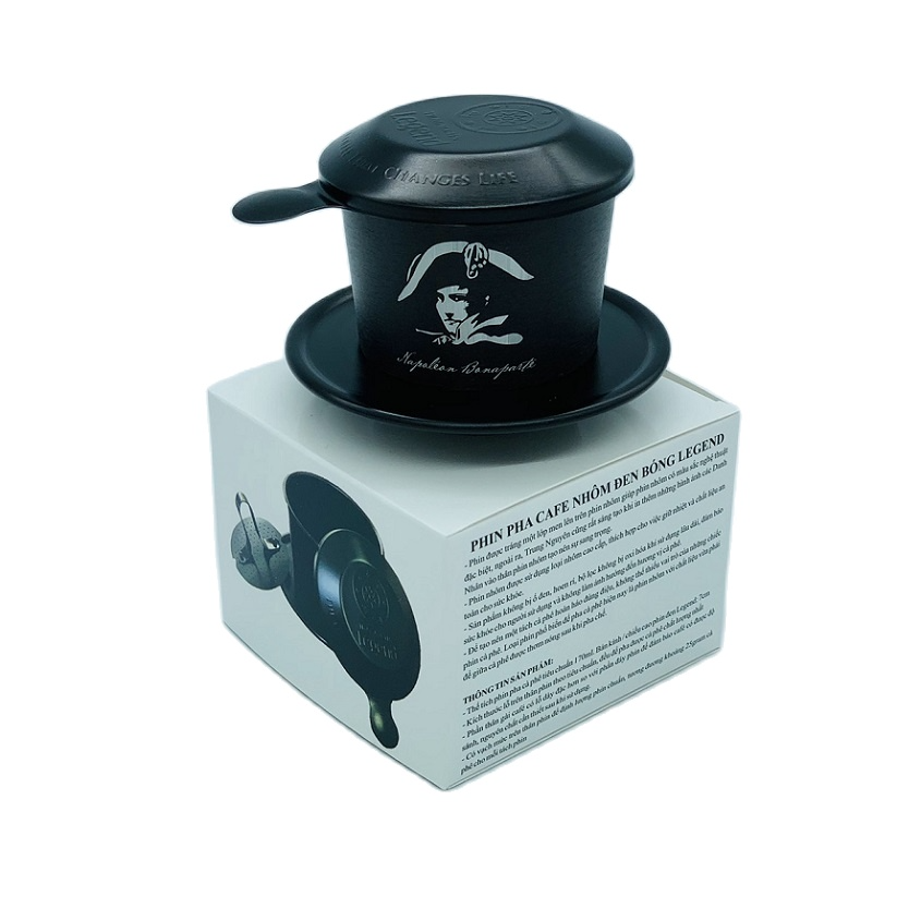 Phin pha cà phê Trung Nguyên( Nhôm Đen Bóng - Có Hộp) - Phin Nhôm Cao Cấp Họa Tiết In Hình Danh Nhân