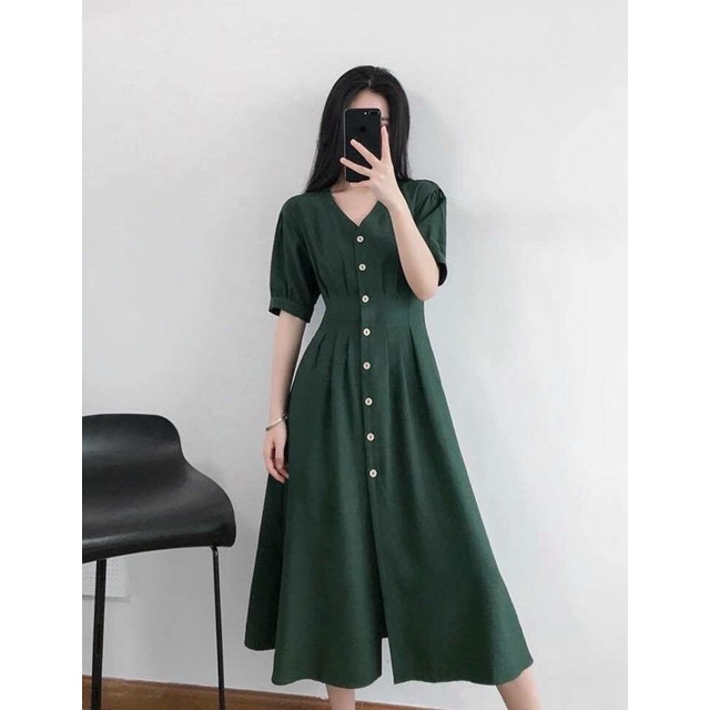 Đầm xanh lính xếp li