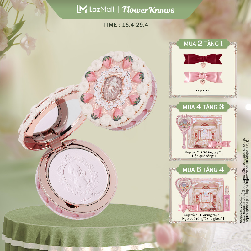 Flower Knows Phấn phủ dòng thần tình yêu dâu 9.5g Phù hợp với da hỗn hợp dầu/khô Lớp trang điểm lâu trôi Strawberry Cupid Collection