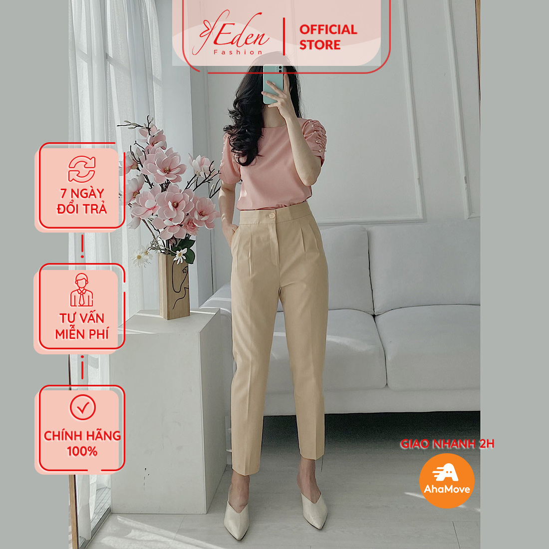 Quần baggy nữ công sở lưng cao thời trang Eden vải kaki mềm trẻ trung năng động lịch sự - Q013
