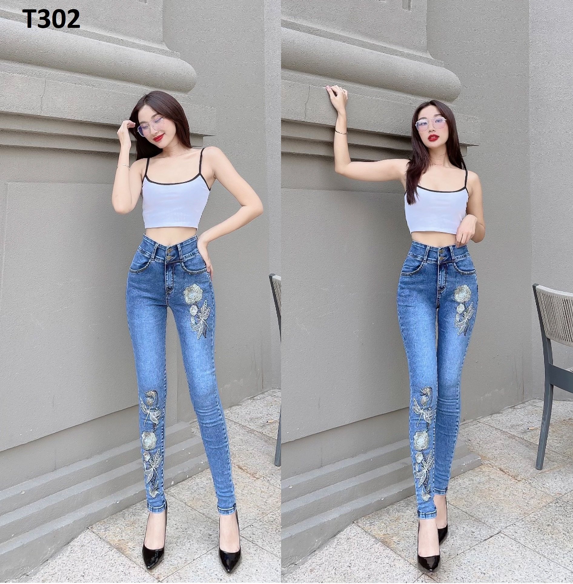 Quần jean nữ thêu hoa co giãn T302