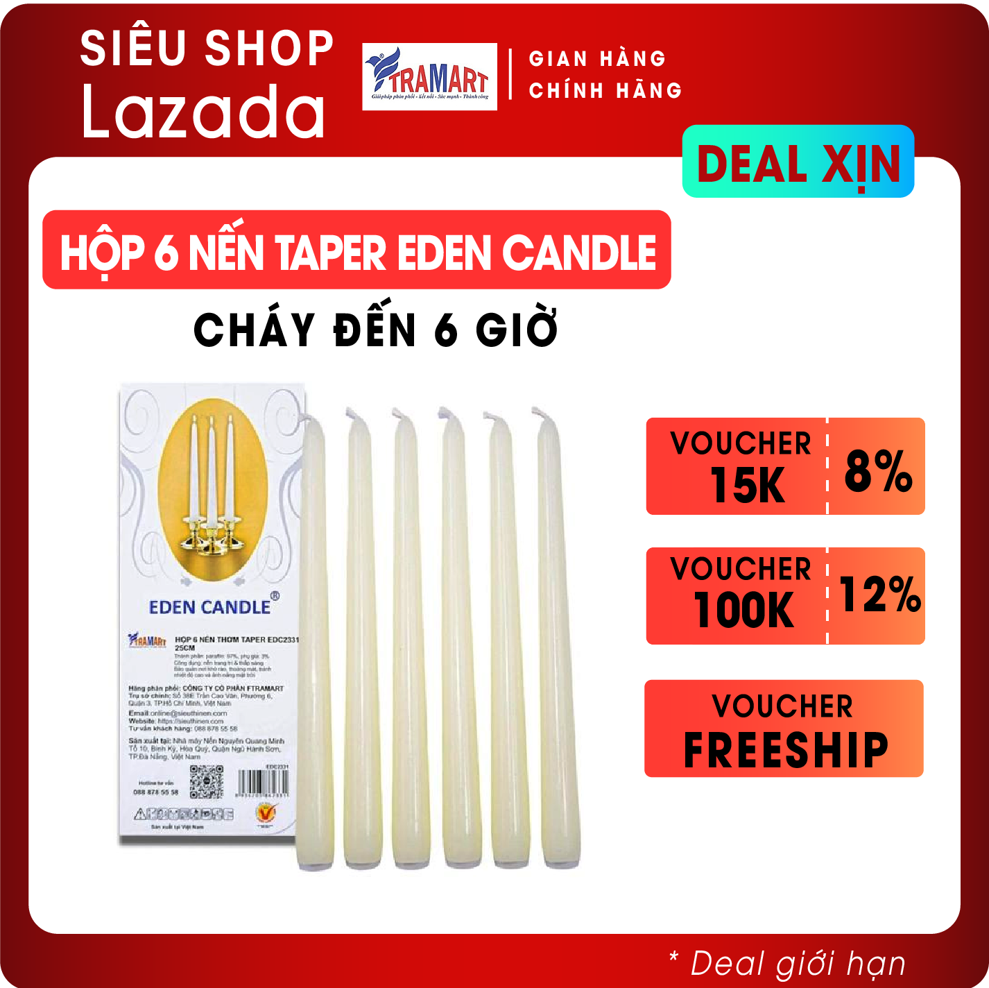 Hộp 6 nến thơm taper Eden Candle FTRAMART EDC2331 25cm (Kem)