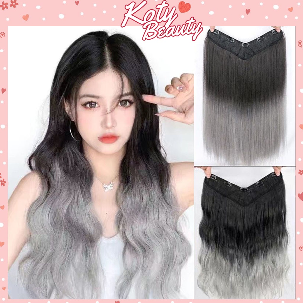 Tóc giả nửa đầu xoăn/ thẳng nhuộm Ombre xám khói Koty, tóc giả kẹp cho nữ phong cách Hàn Quốc TG621