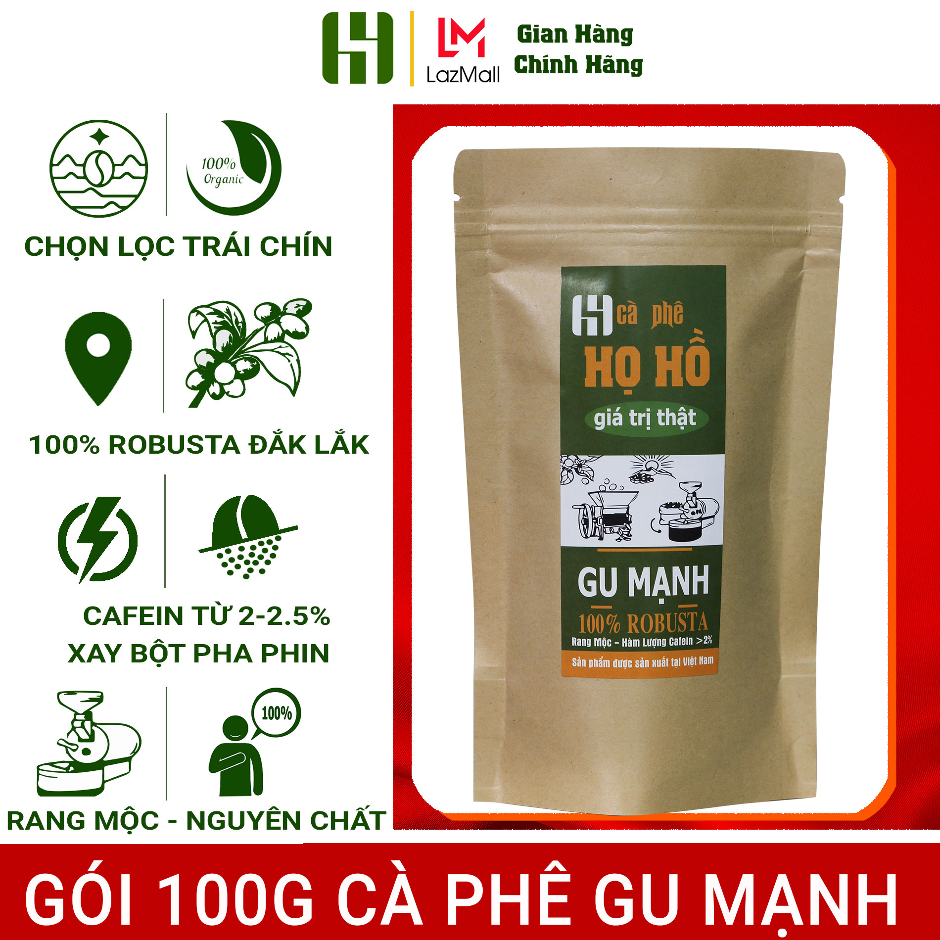 [sale trợ giá][Gu Mạnh] Gói 100g Cà phê rang xay pha phin Gu Mạnh - rang mộc nguyên chất dùng pha phin- đậm đắng mạnh mẽ cafein cao - cafe robusta thương hiệu cà phê Họ Hồ - TOP BÁN CHẠY TẾT 2022