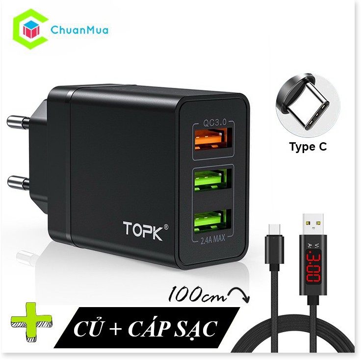 Bộ củ + cáp sạc nhanh topk hiển thị dòng điện cổng micro usb